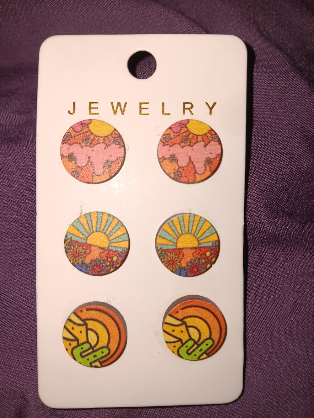 Boho Sunrise & Floral Round Stud Earring Set - Pink, Yellow & Orange